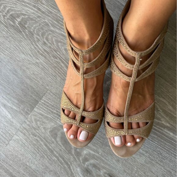 Michael Kors womens taupe sandal heel suede sparkle bling party formal Size 8.5 - Picture 3 of 9